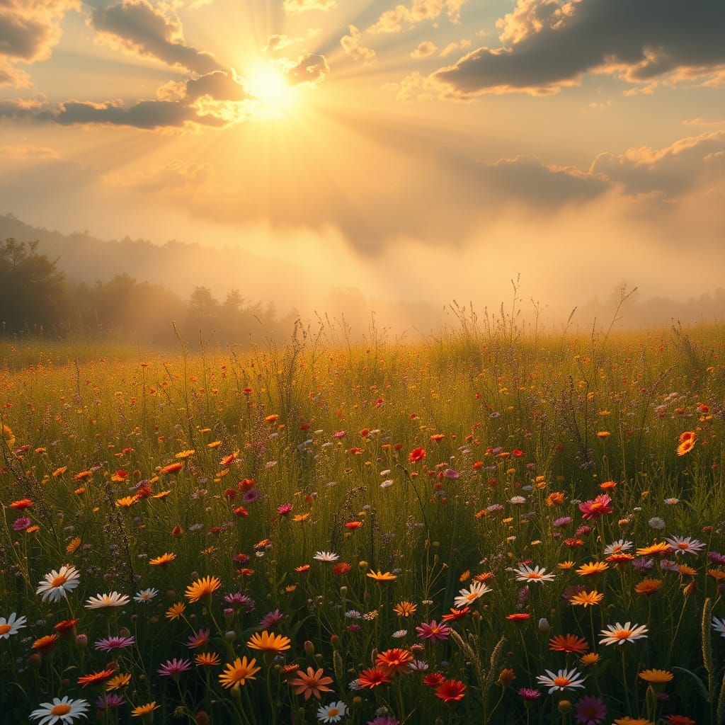Whimsical Wildflower Meadow in Golden Light