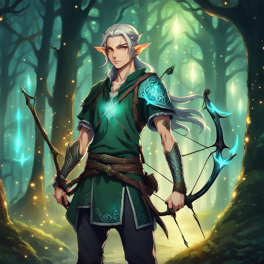 Mystical Elf Archer in Enchanted Anime Forest