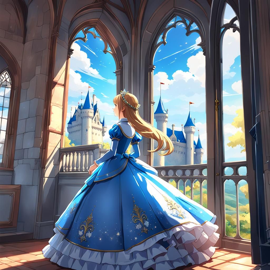 Anime Princess Gazing at Sky From Castle Window