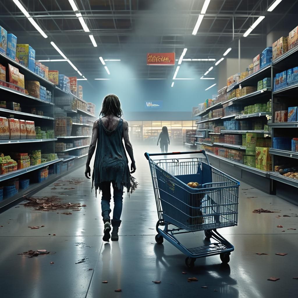 Zombie in Abandoned Walmart Aisle, Cinematic Digital Paintin...
