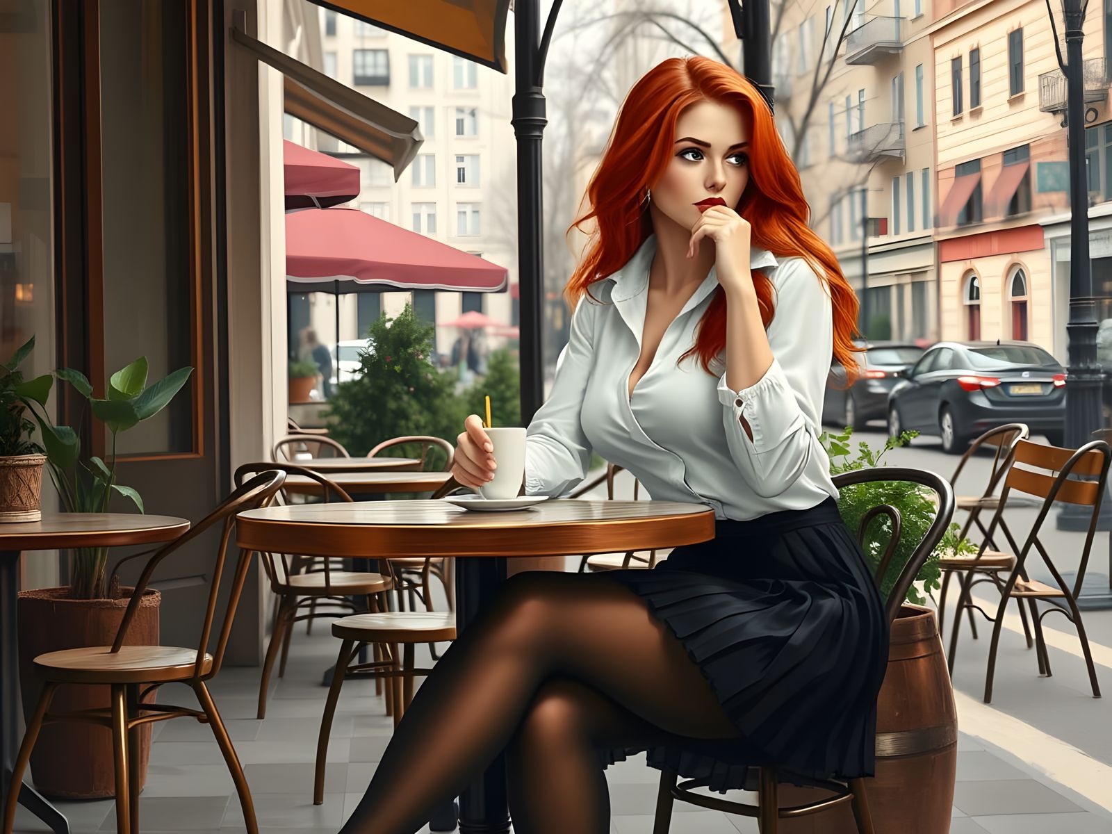 Curvy Woman at Cafe Table in Pleated Skirt