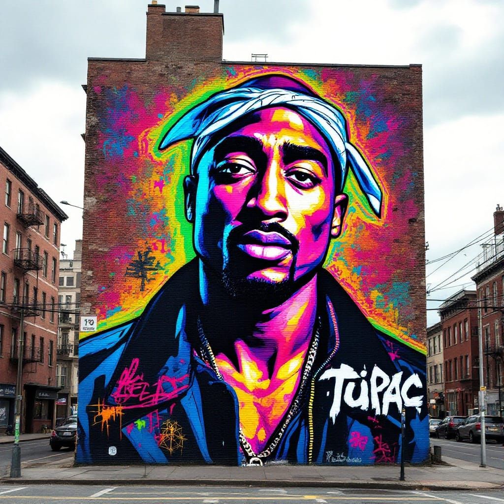 Tupac Street Art Mural with Pop Art and Graffiti Accents