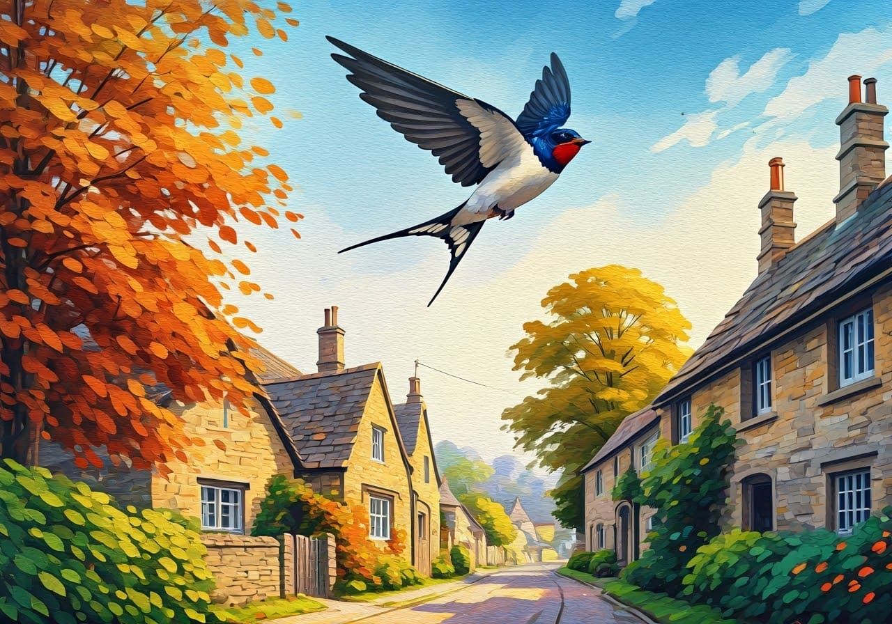 Swallow Soaring Over Autumn Village in Impressionist Style