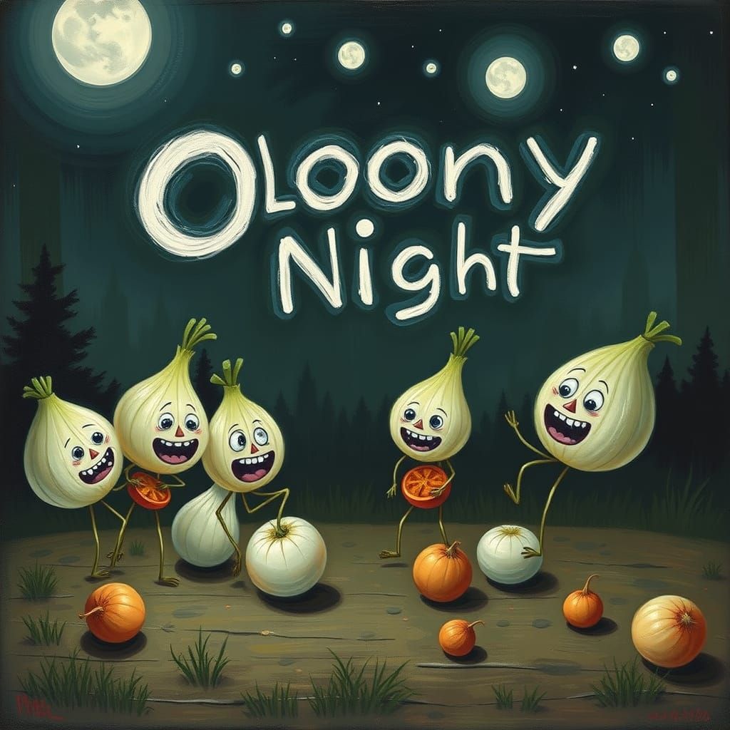 Whimsical Onion Character in a Cartoon Nightscape