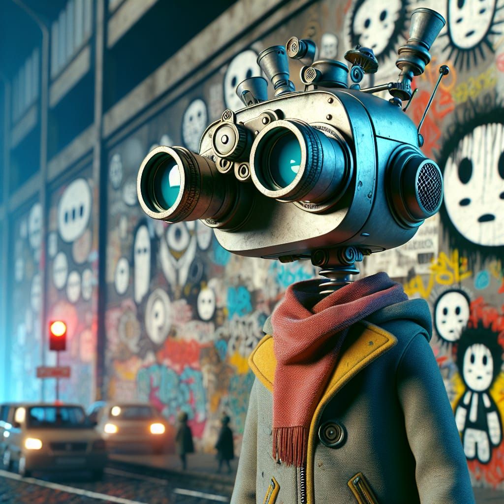 Humanoid Robot with Binocular Head in Surreal Graffiti