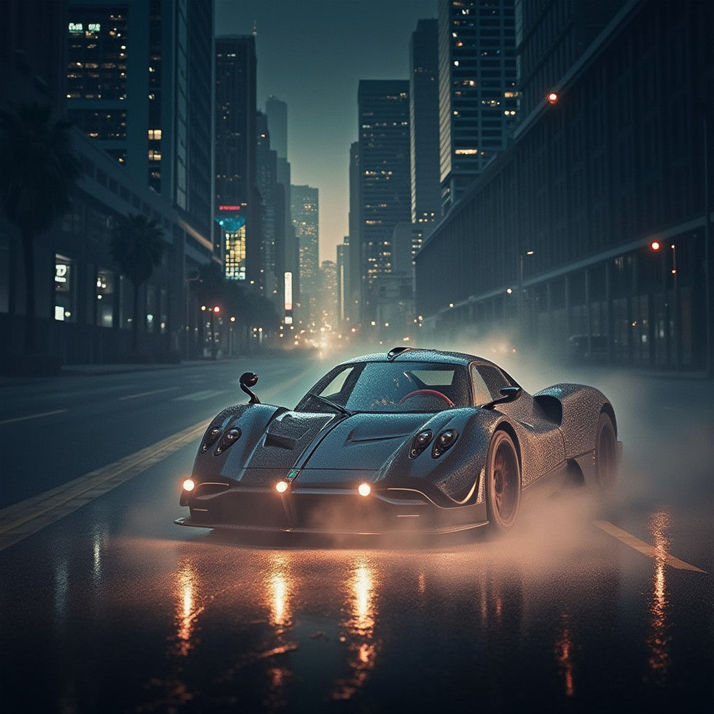 Pagani Supercar Speeds Through Rainy City at Dusk