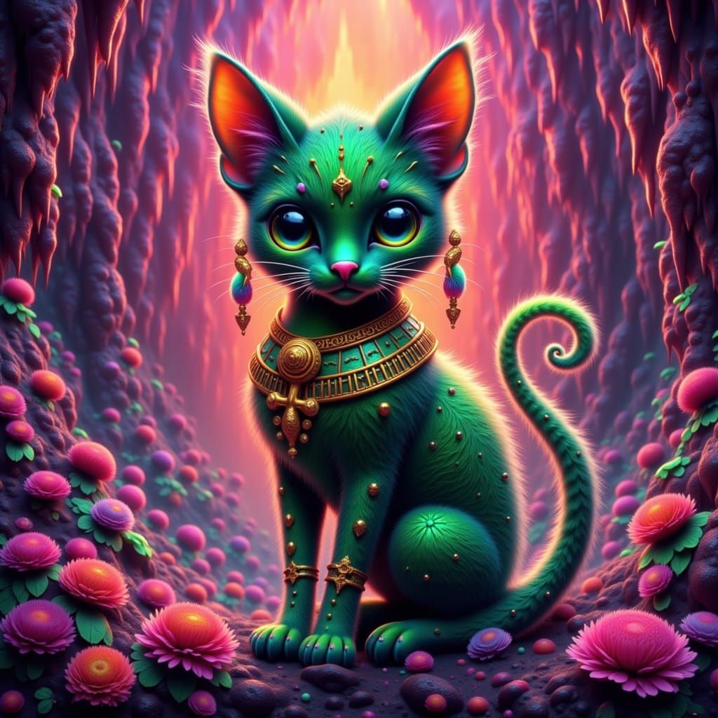 Majestic Bastet Cat with Shimmering Hieroglyphics