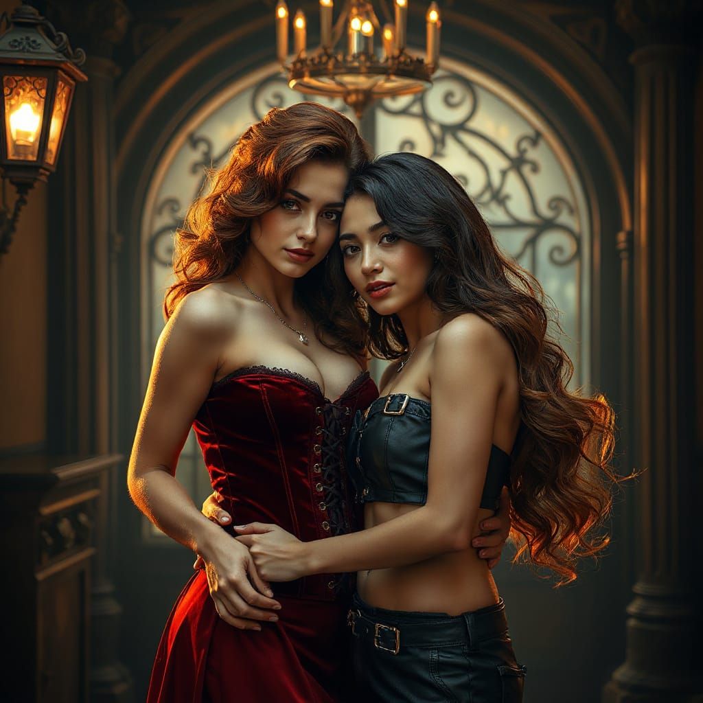 Elegant Women in Gothic Victorian Embrace, Oil Painting