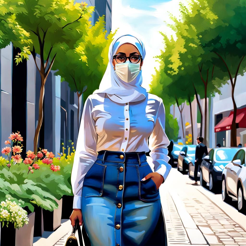 Hijabi Businesswoman in Planted City, Oil Painting