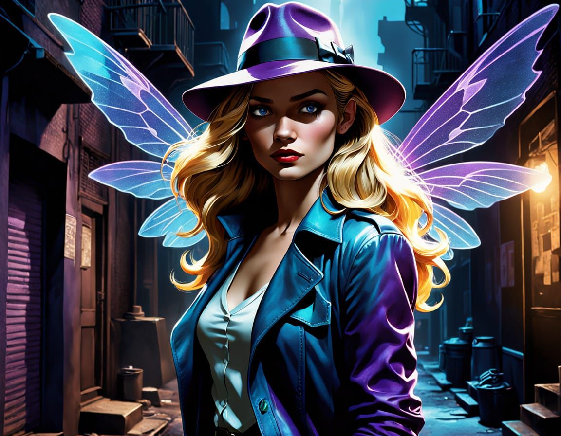 Noir Fairy Detective in Gritty Comic Art Style