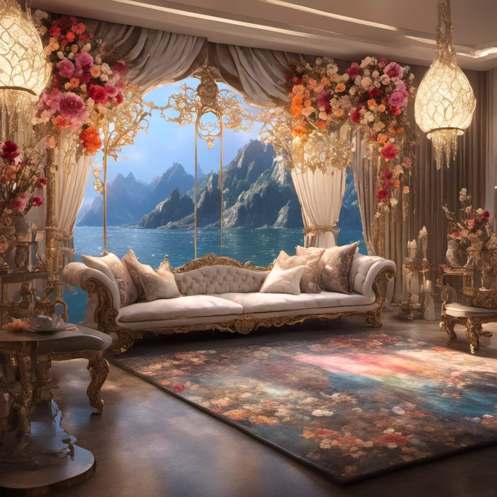 Ancient Elven Rainbow Curtains with Flowers in HD Realism