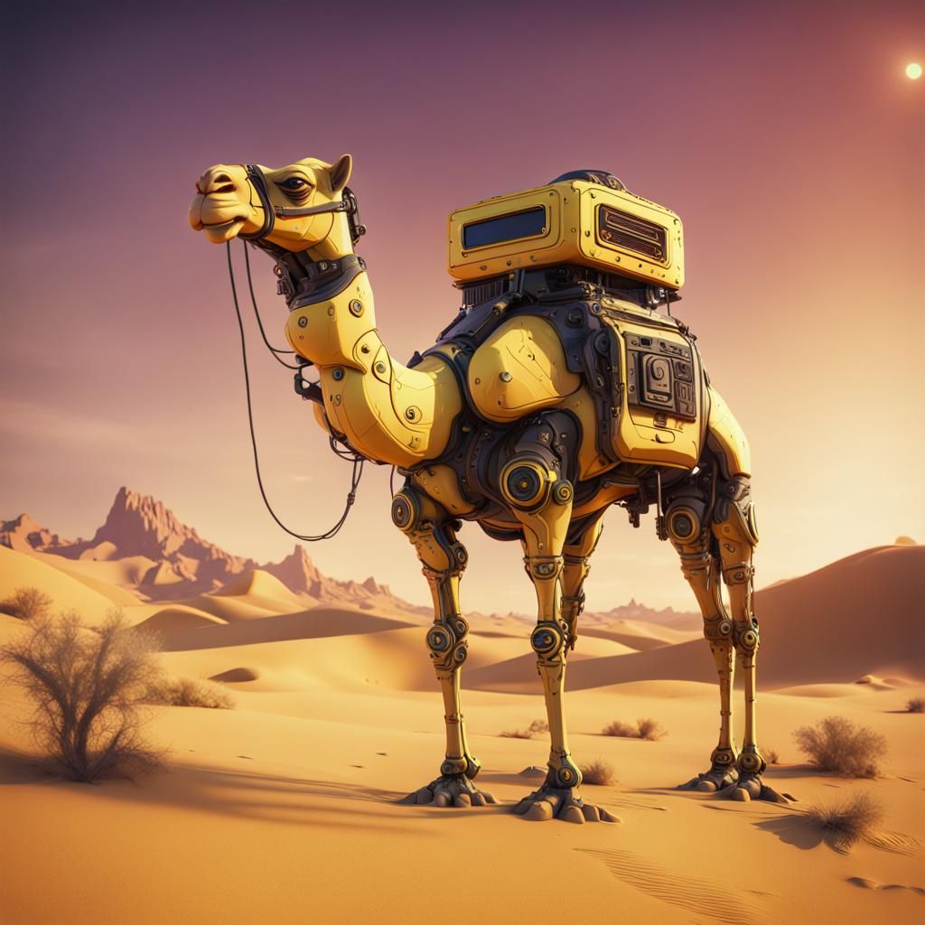Robot Camel in Neon Desert: Detailed Matte Painting