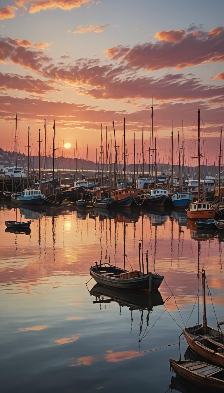 Vibrant Sunset Over Bustling Harbor: Photorealistic Image