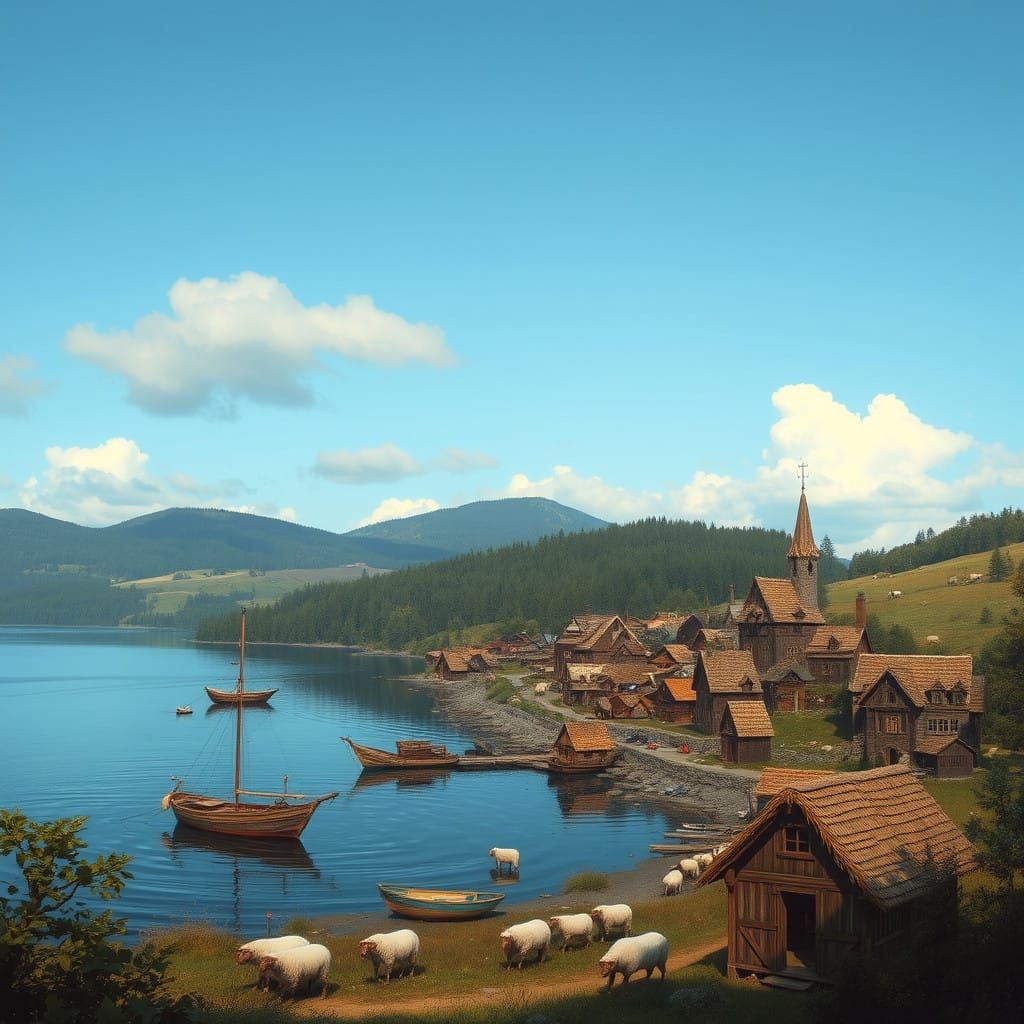 Medieval Shepherd's Haven on a Serene Inland Sea