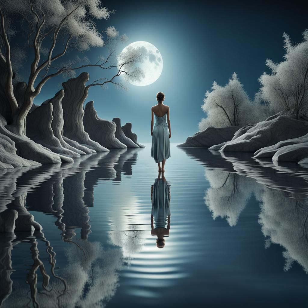 Moonlit Reflection: A Tranquil Riverscape in 3D
