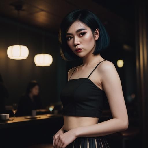 Pastel Goth Woman Eating Sushi in Restaurant