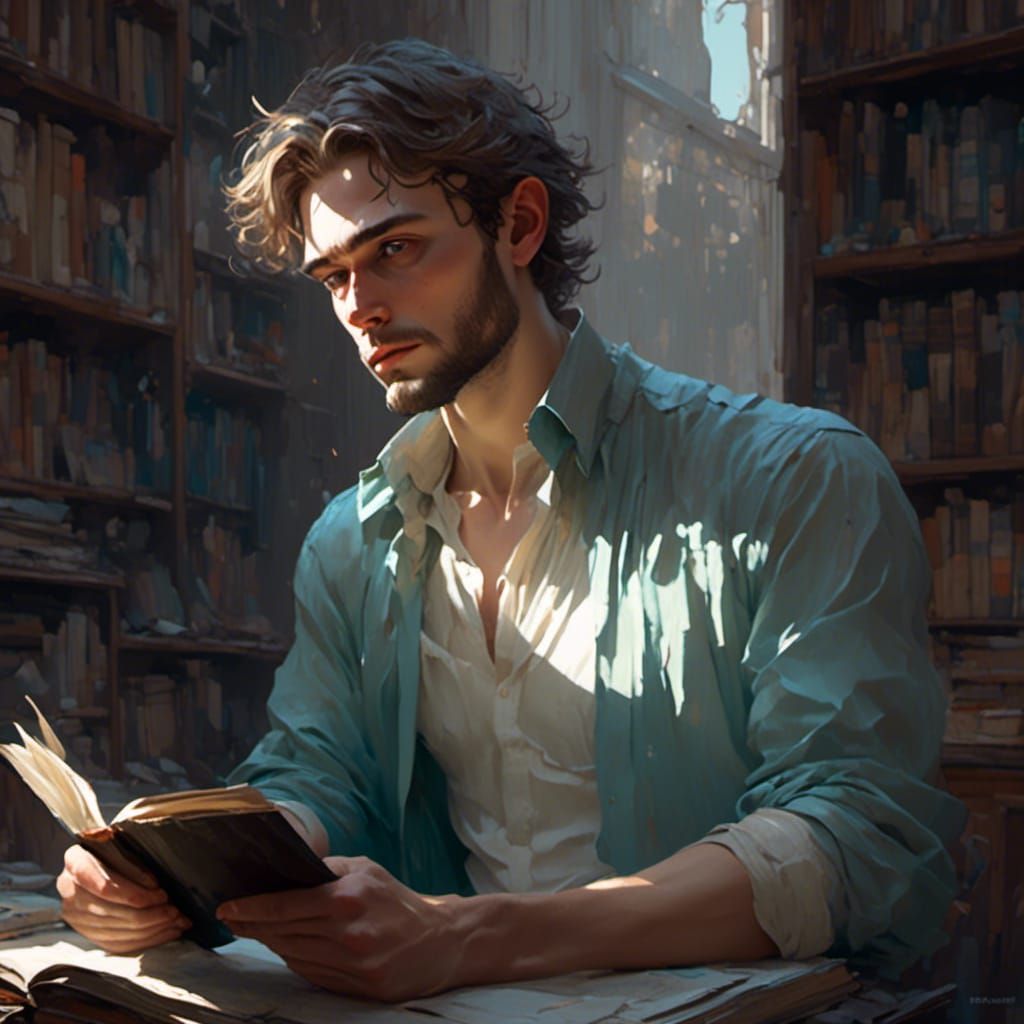 Anxious Man with Book in Shadows: Digital Portrait