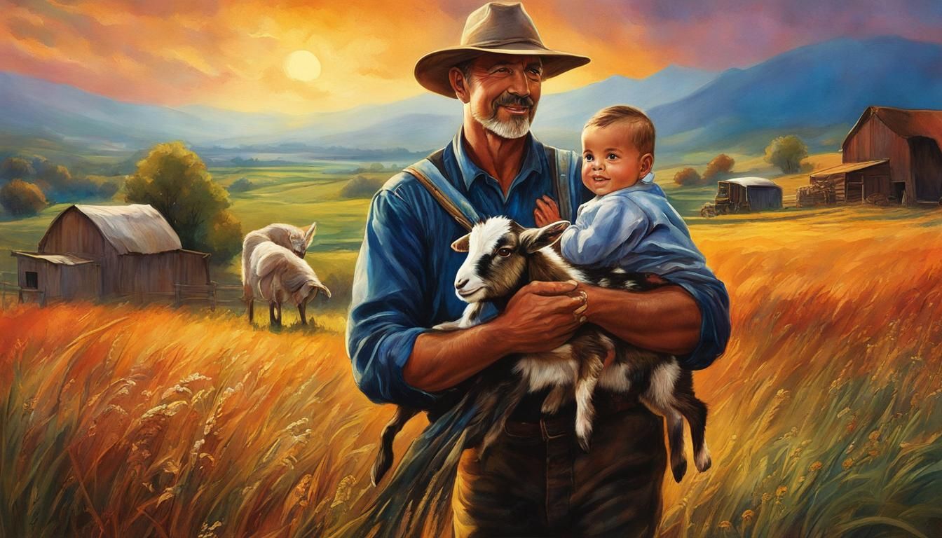 Farmer Holding Baby Goat: Vibrant Digital Illustration