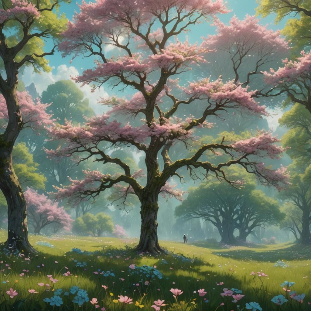 Blooming Tree in Fantasy Meadow: Dreamy Concept Art
