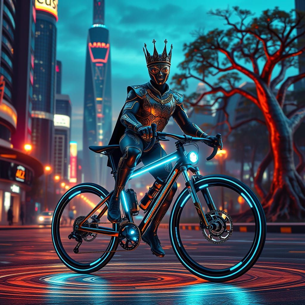 Majestic Monarch King of the Workday in Neon-Lit Cityscape