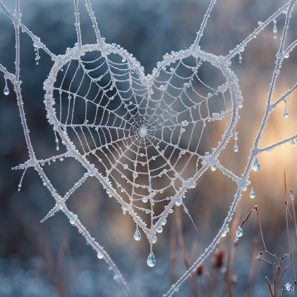 Heart-Shaped Spiderweb with Crystalline Dew Drops