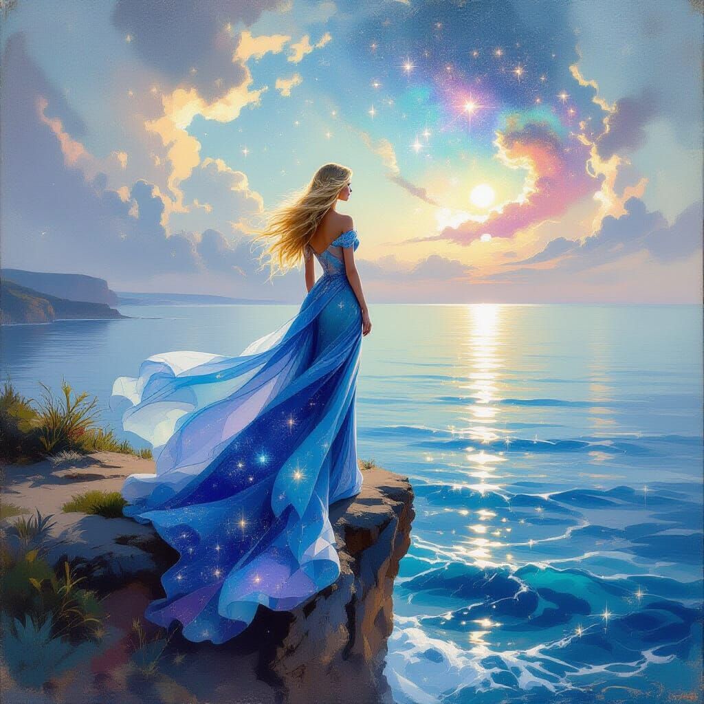 Celestial Ocean Scene: Woman on Cliff Overlooking Cosmic Sea