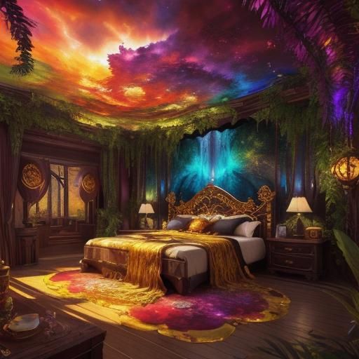 Brunette Girl with Winter Tiger in Iridescent Bedroom