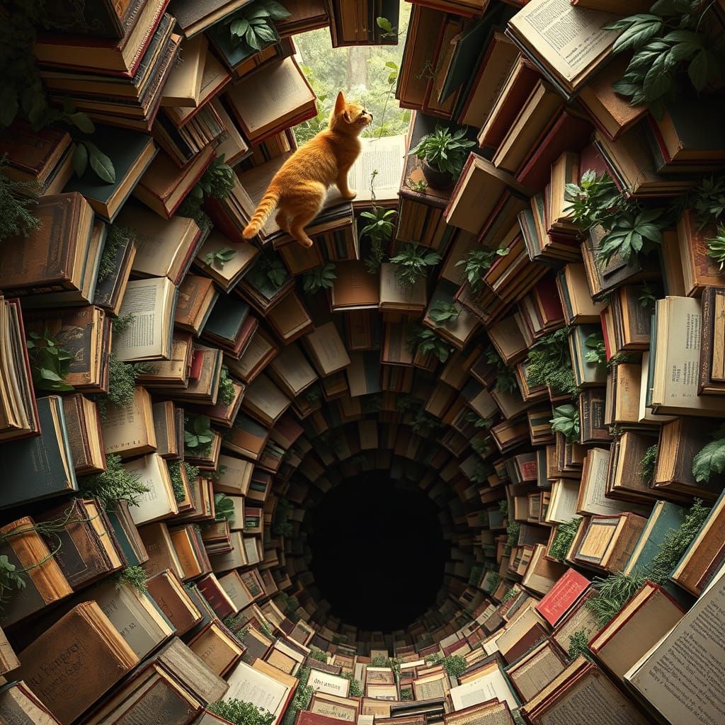 Spiraling Book Staircase with Cat in Mixed-Media Style