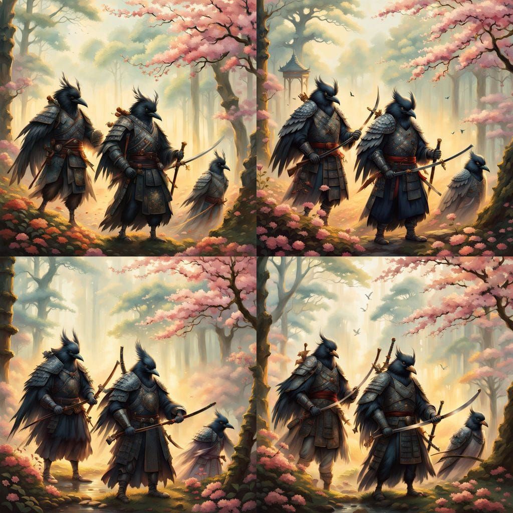 Ethereal Crow Samurai in Idyllic Cherry Blossom Forest