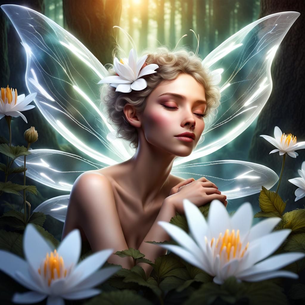 Fairy Sleeping in Magical Flower, Photorealistic Image