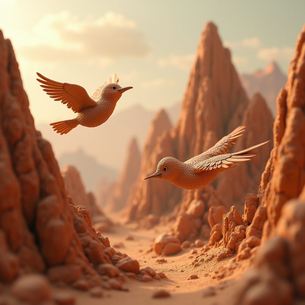 Clay Birds Fly Over Clay Mountains in Whimsical Style
