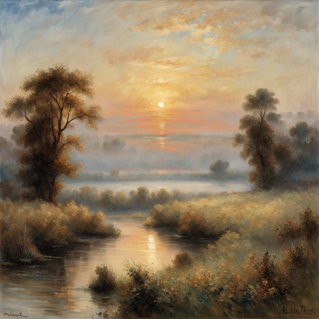 Dawn's Golden Glow: A Hopeful Landscape in Impressionist Sty...