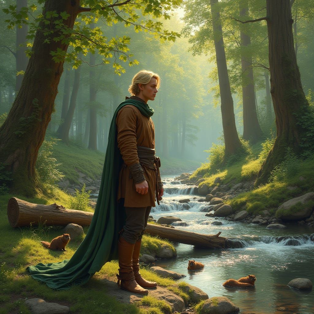 Man in Forest with Beavers, Inspired by Ivan Shishkin and Jo...