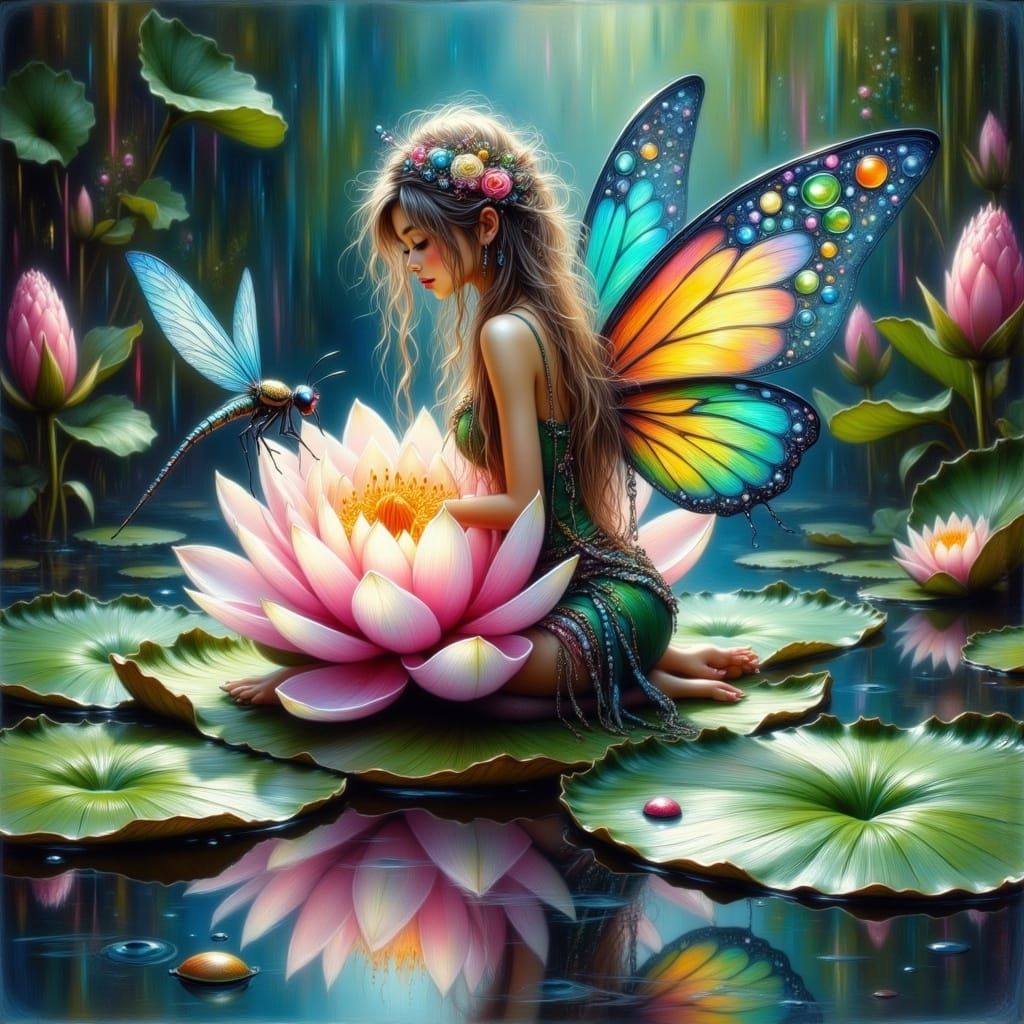 Fairy Punk Beauty Sits with Dragonfly on Vibrant Lily Pad