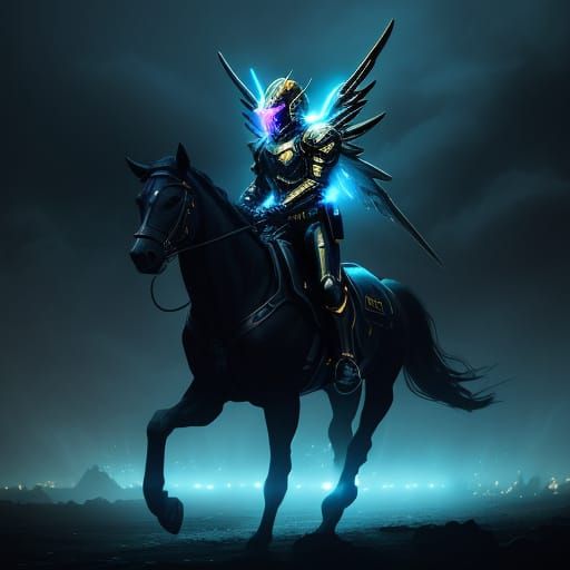 Cyberpunk Angels Engage in Epic Battle in the Neon-Lit Sky