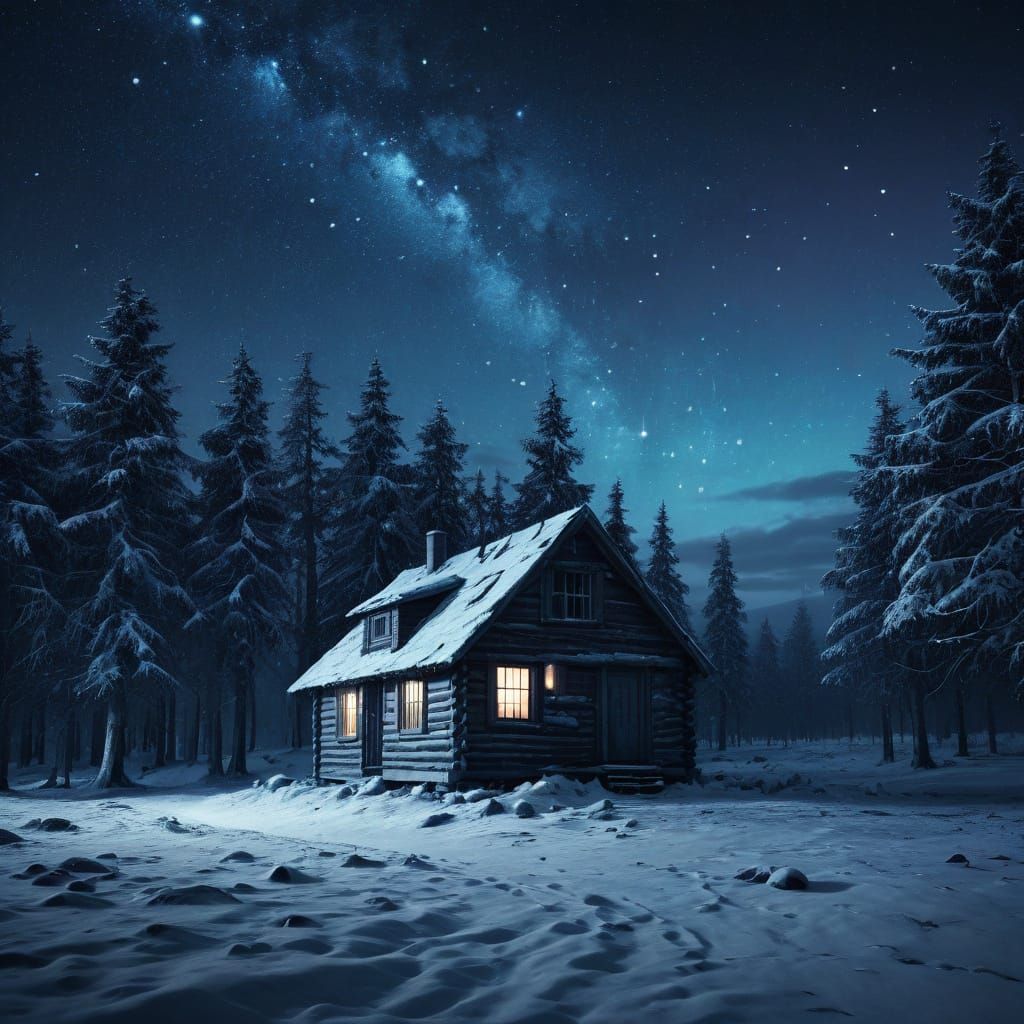 Surreal Winter Cabin Under Starry Night Sky