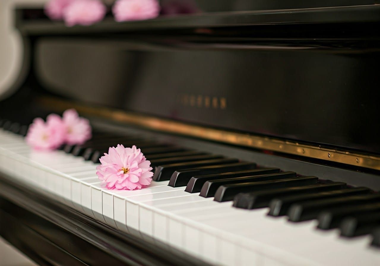 Pink Cherry Blossoms on Grand Piano in Impressionist Style