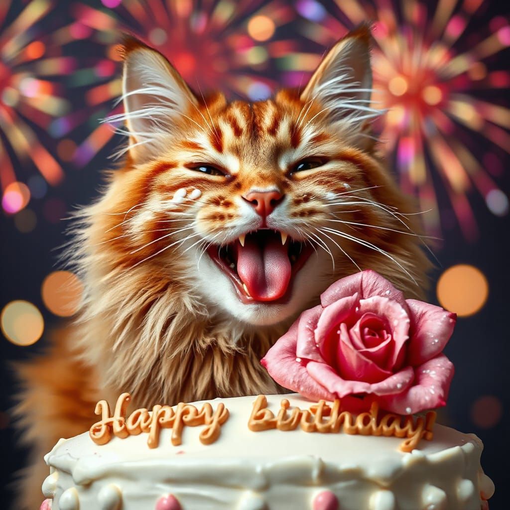 Ginger Cat Licking Birthday Cake Rose in Graffiti Art Style
