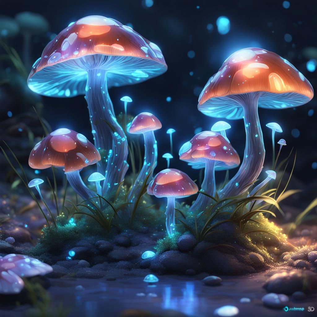 Bioluminescent Crystal Mushrooms in 3D Anime Art