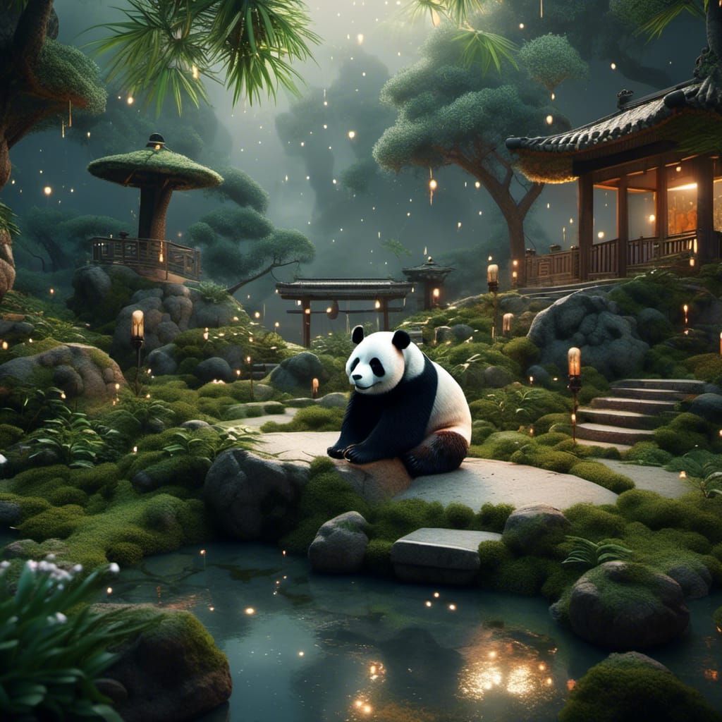 Panda in Cozy Zen Garden Matte Painting