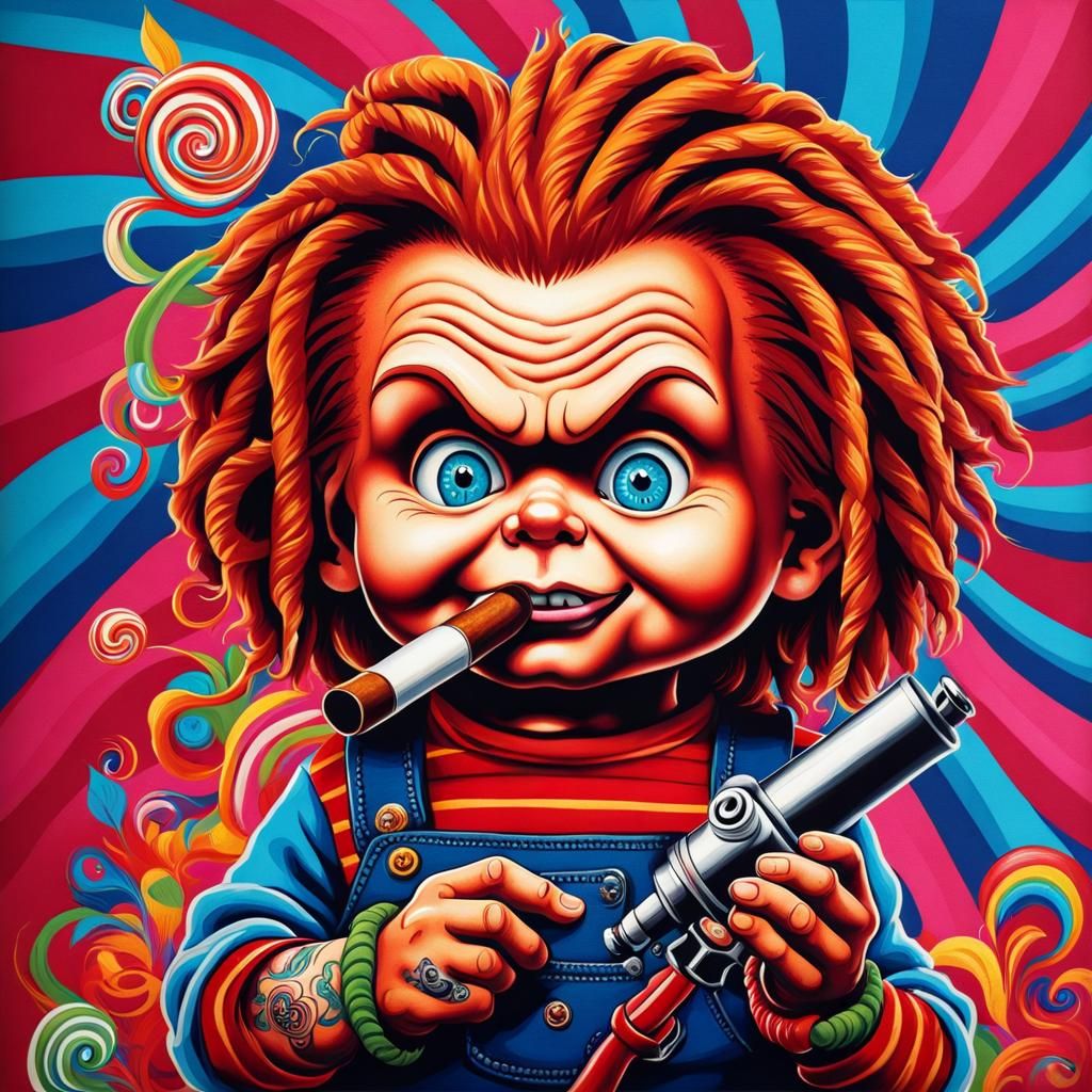 Chucky with Dreadlocks in Candyland Gouache Style