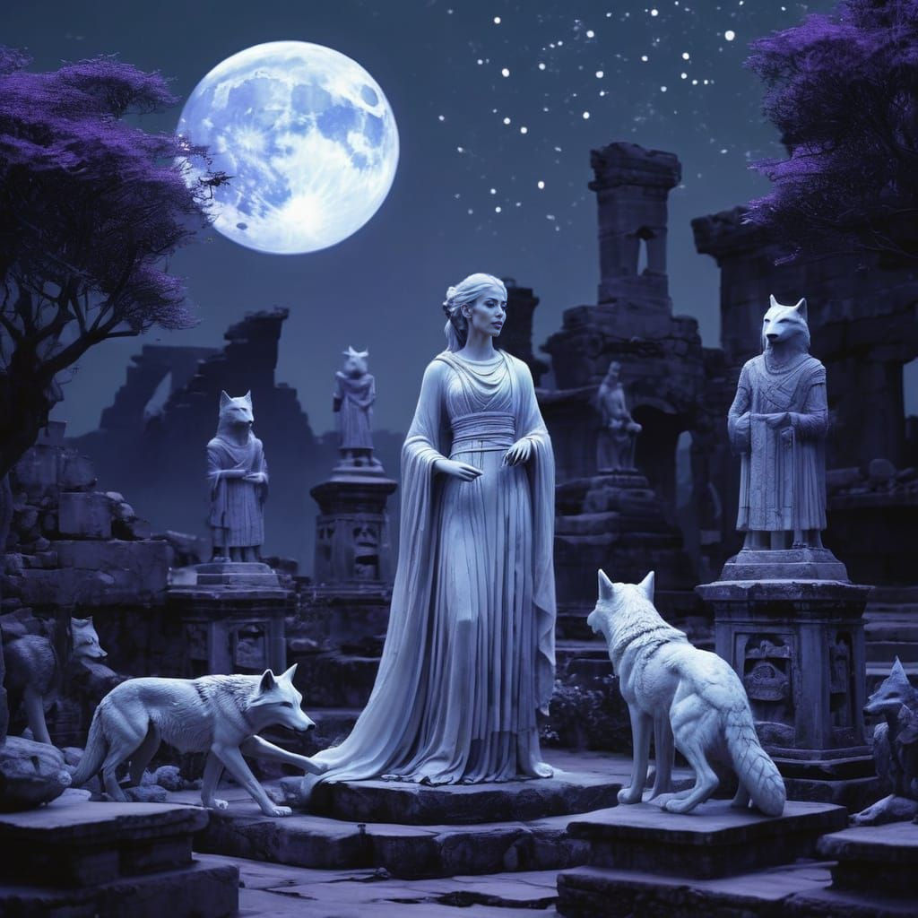 🌓 Moran Atias – The Moonlit Prophetess
Prompt:
A regal figure stands in the ruins of a moon garden, silver robes catchi...