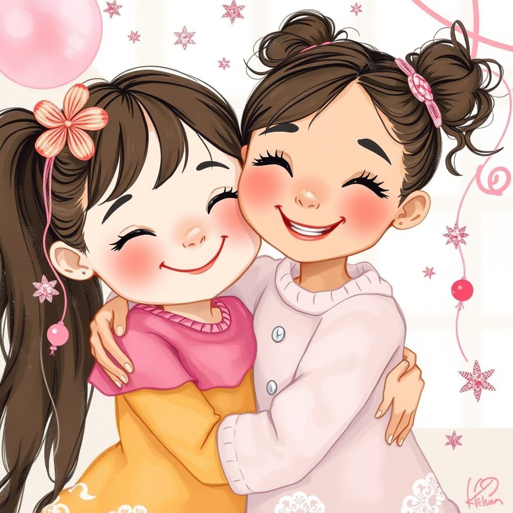 Two Girls Hugging in Whimsical Pastel Illustration