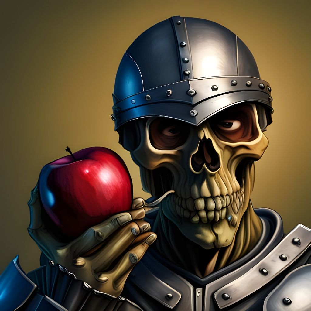 Creepy Skull in Armor with Apple: Hyperrealistic Splash Art