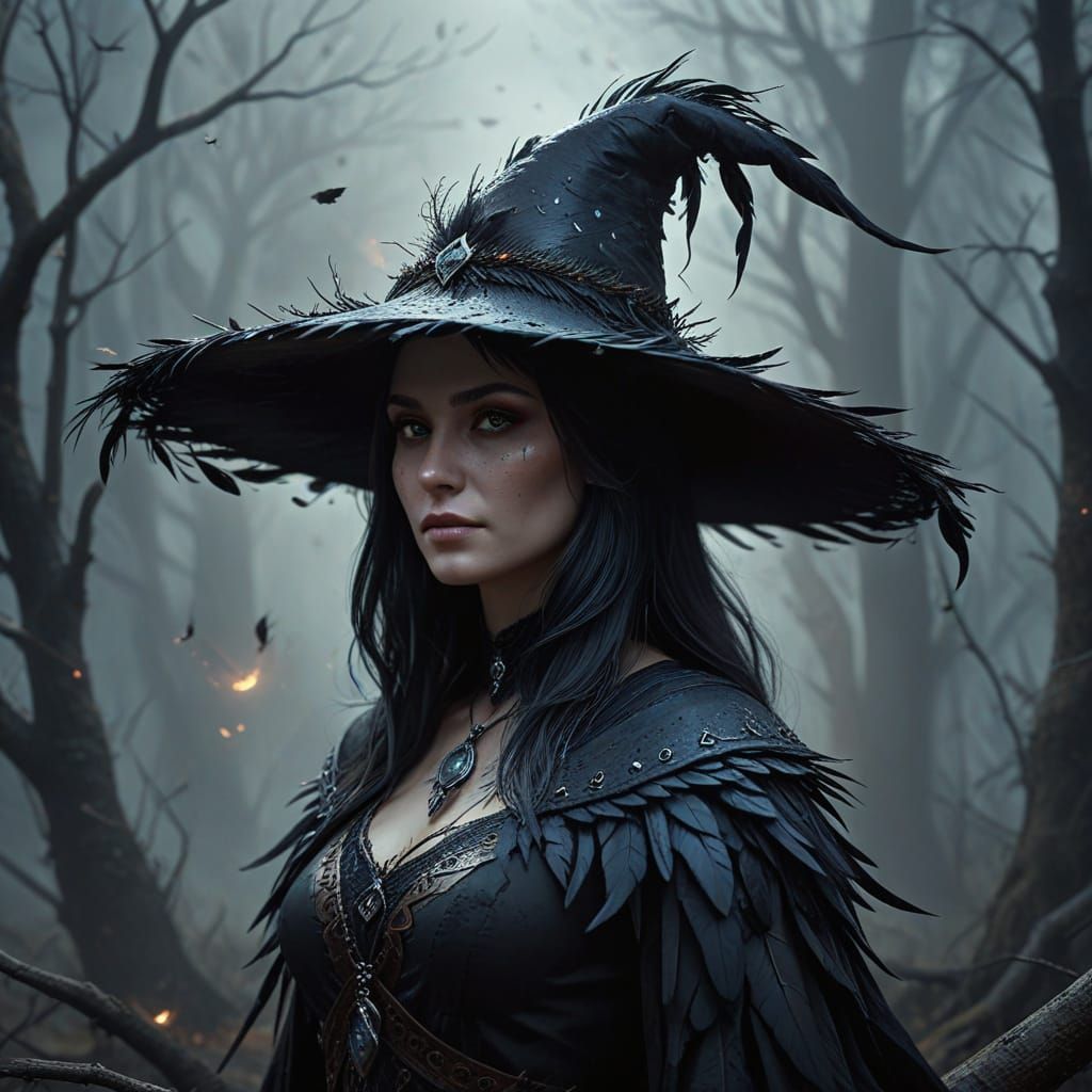 Enchanted Witch Hat of Crow Feathers Digital Painting