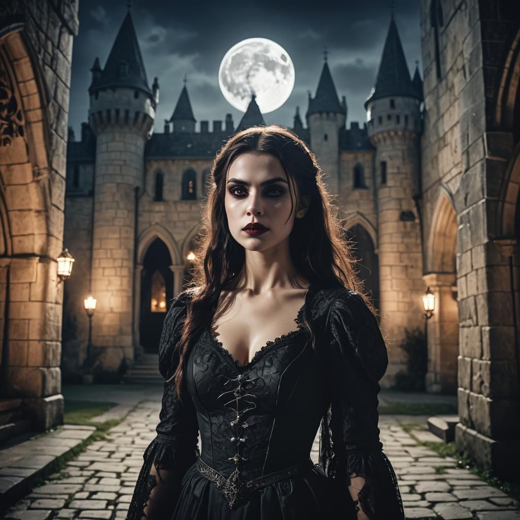 Vampire Maiden in Castle Courtyard Under Full Moon
