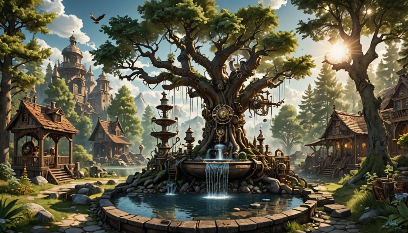 Magical Forest with Eagles and Steampunk Engine