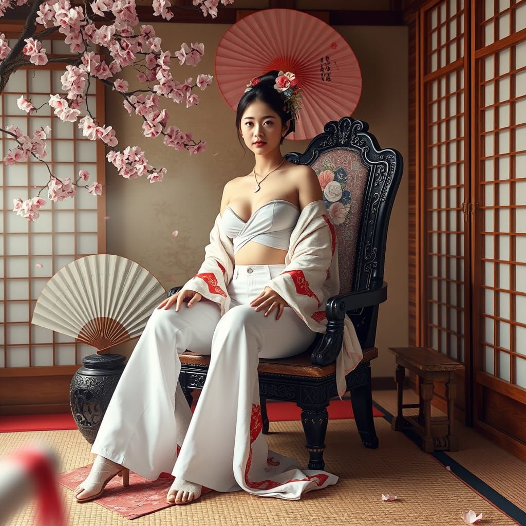 Geisha in Modern Attire with Cherry Blossoms