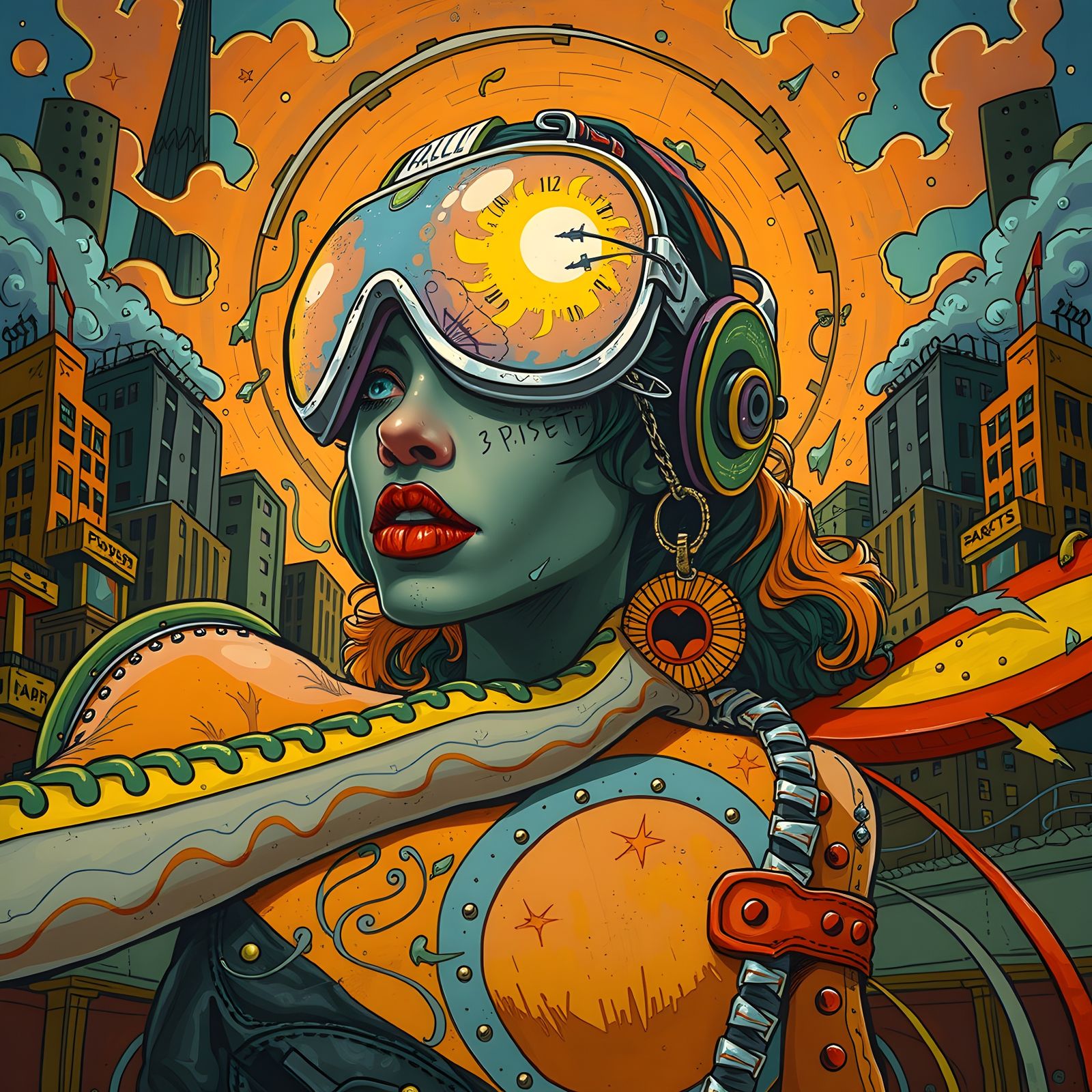 Vibrant 80s Punk Rock Goddess in Chaotic Abstract Cityscape