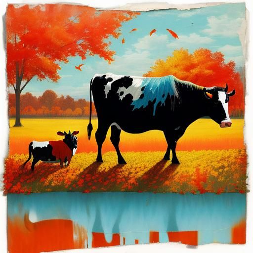 torn paper collage art, Bosh - fall with a cow, red, yellow, orange, light blue mood. Nostalgic and emotional.